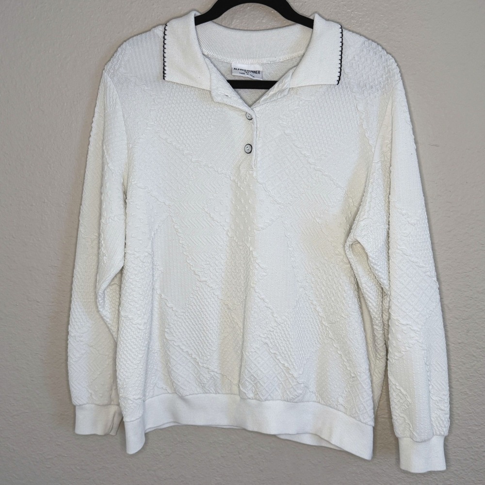 Vintage 90s White Cosby Preppy Matelasse Textured Polo Sweater Mens XL Grandpa
